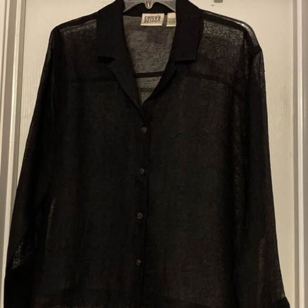 Women’s Chico’s size one black sheer collar button down long sleeve shirt